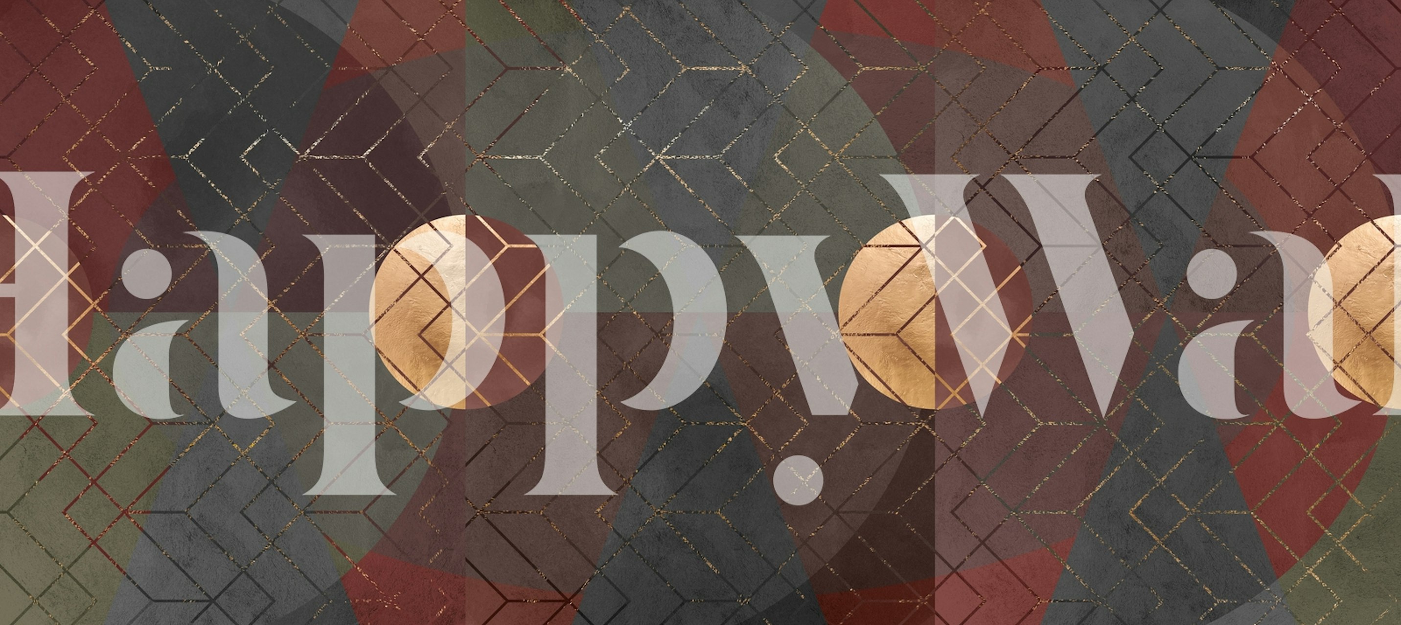 Abstract geometric wall mural with copper-toned circles and angular patterns on a textured background