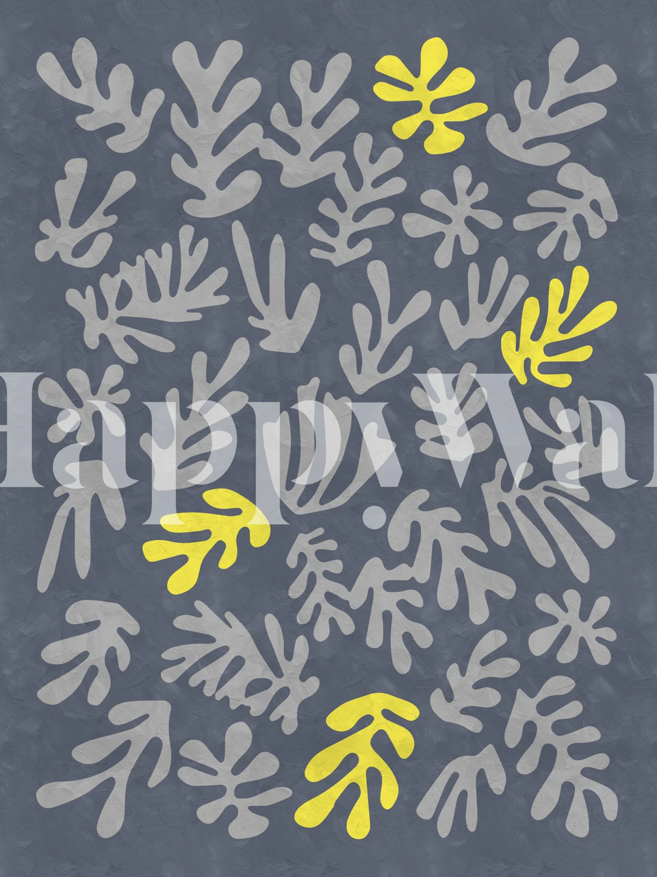 Abstrakt botanisk gult Matisse-inspireret mønster på et gråt baggrundsvægmaleri