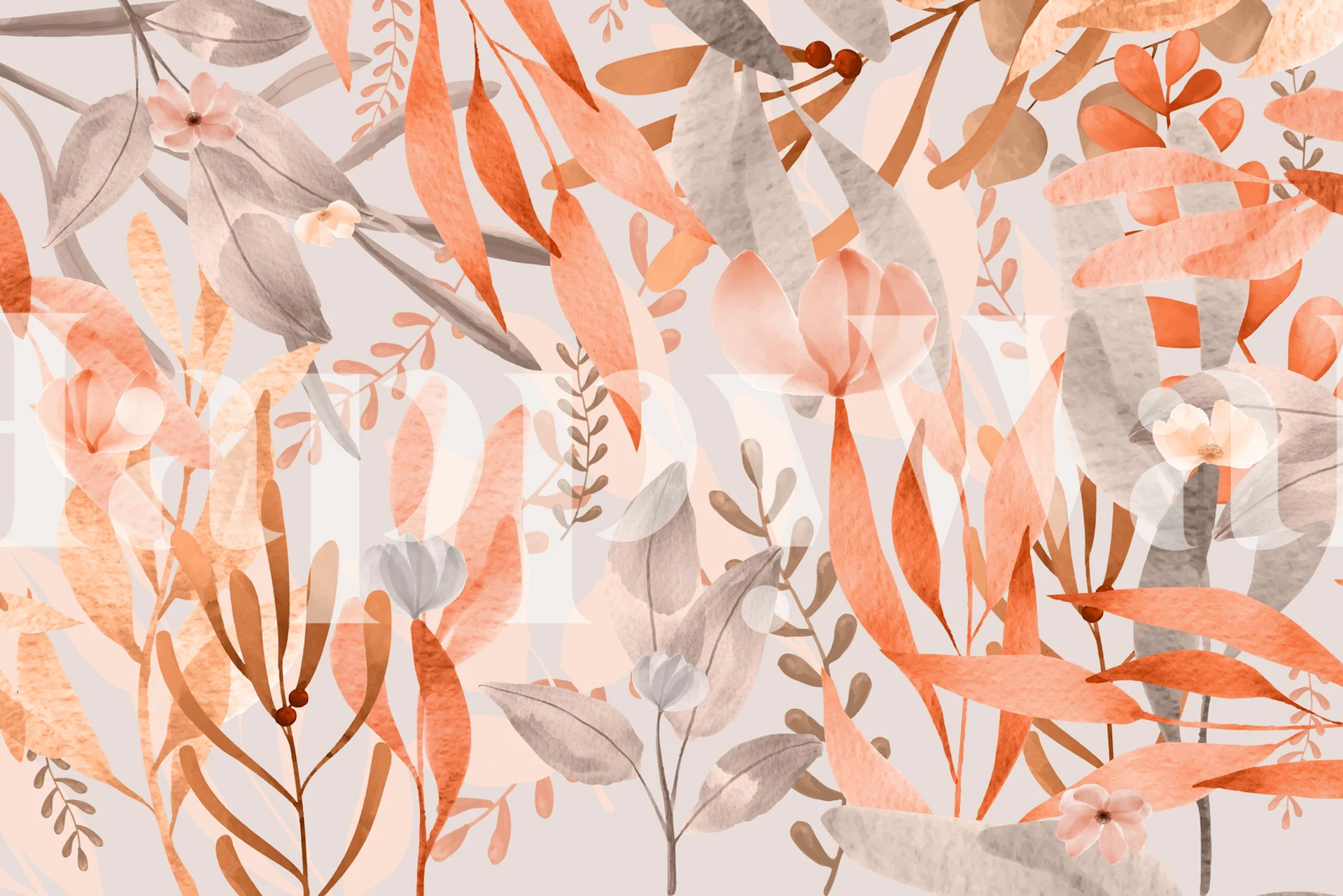 Floral design with peach and gray leaves and flowers wallpaper