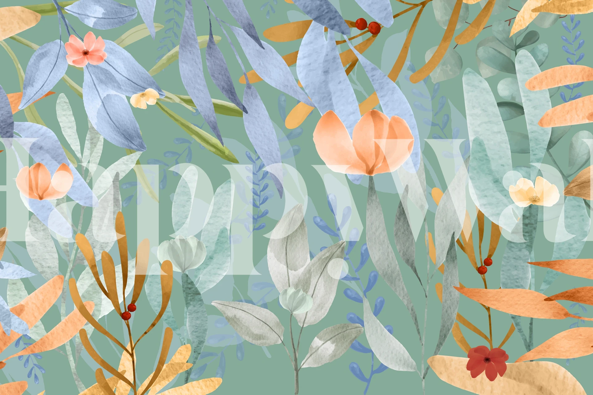 Floral leaf design in soft pastels, green background wallpaper