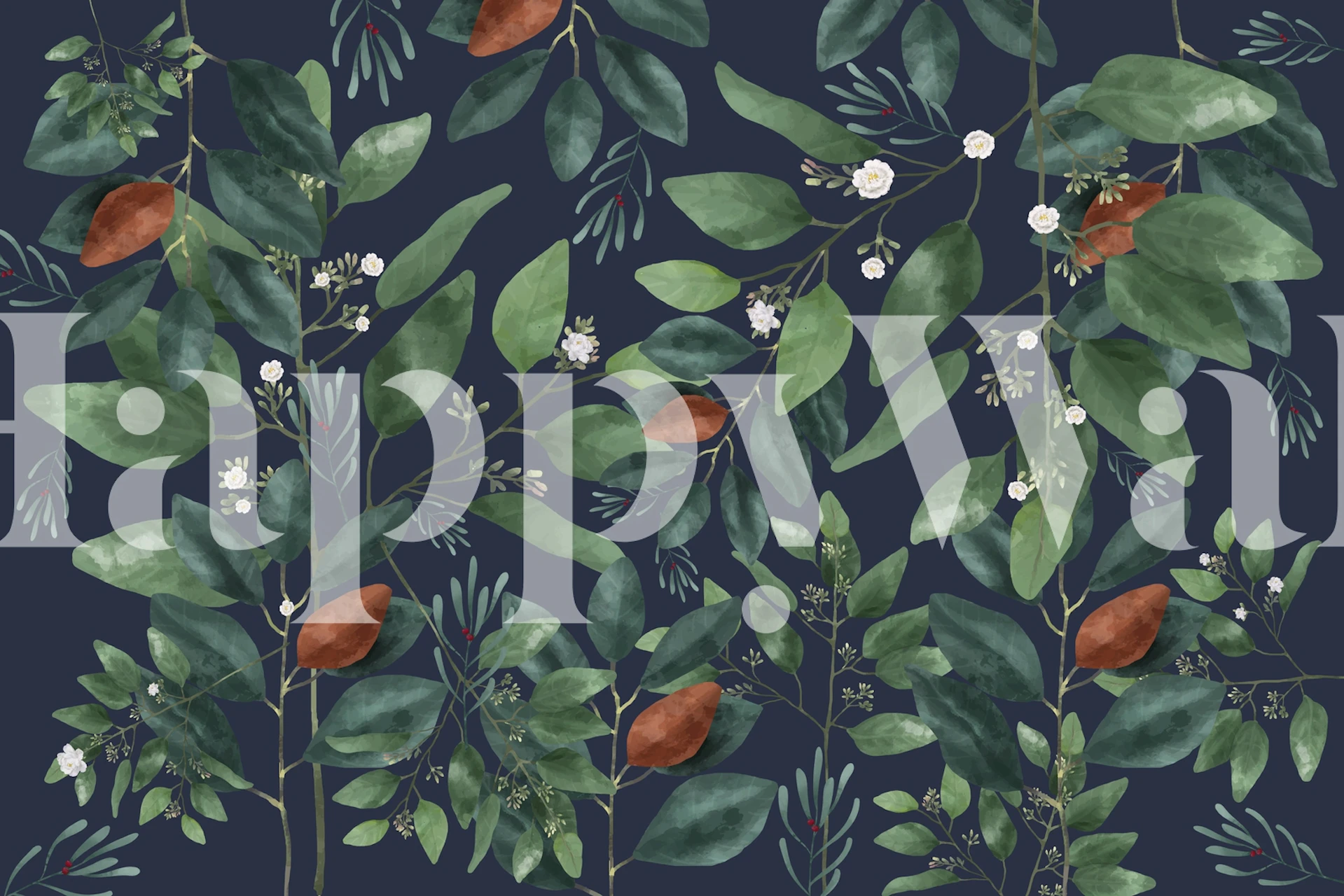 Navy background with greenery and white flowers wallpaper