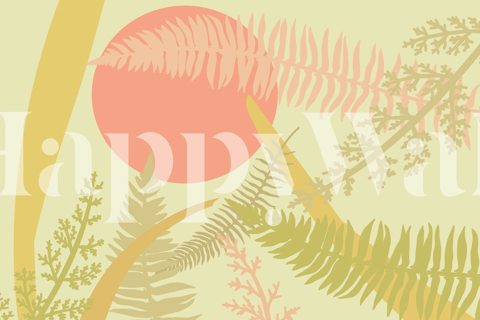 Tropical fern leaves in green and pink tones wallpaper