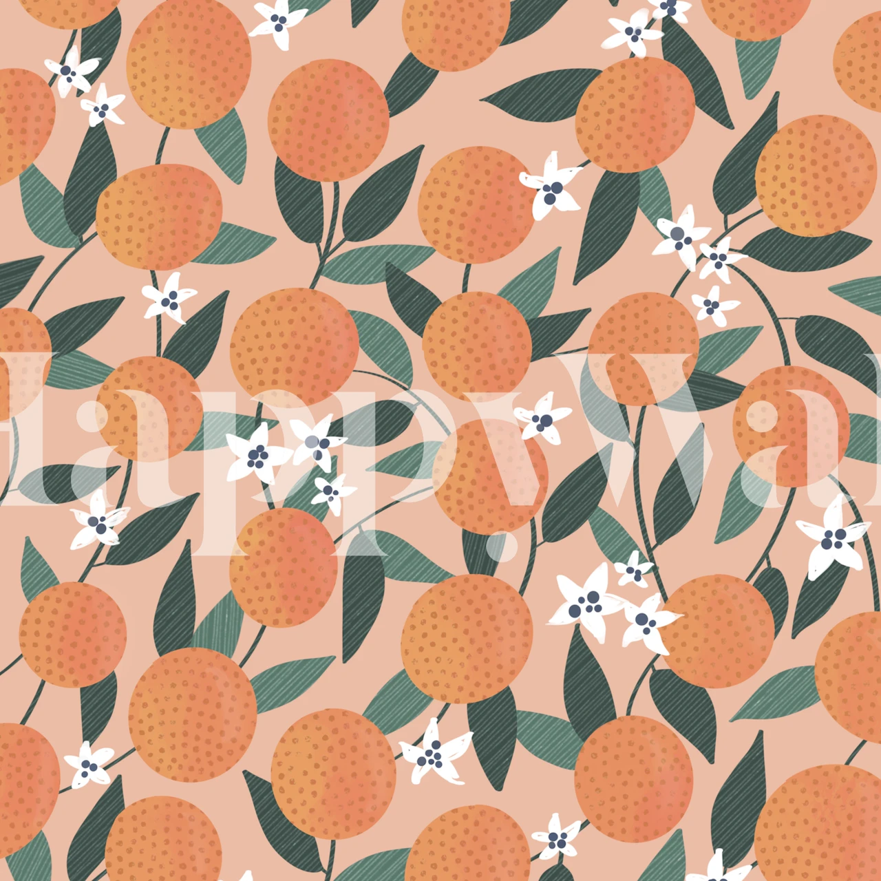Orange fruit and white flowers on green leaves with peach background wallpaper