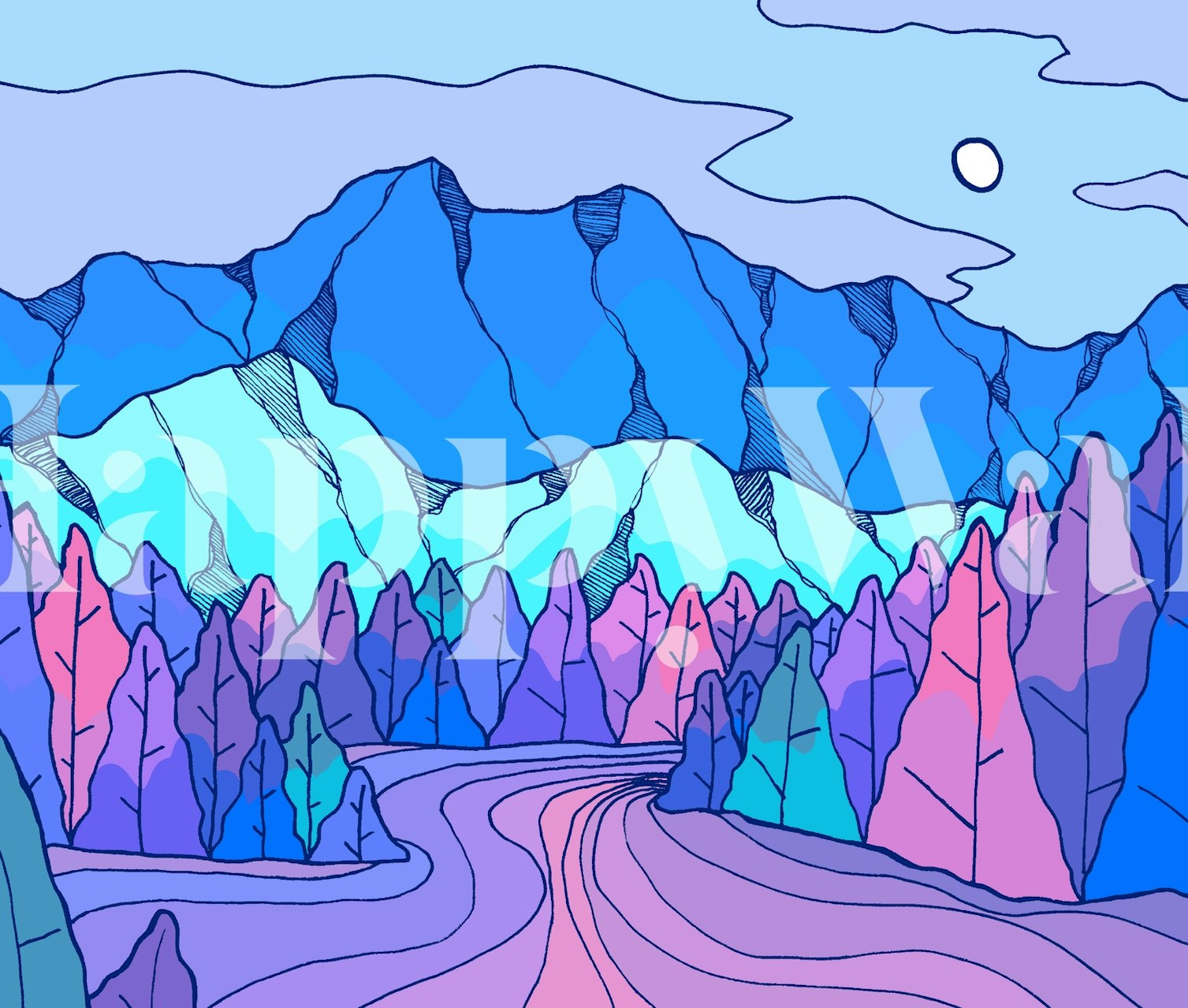 Colorful mountain landscape with purple, blue, and pink hues wallpaper