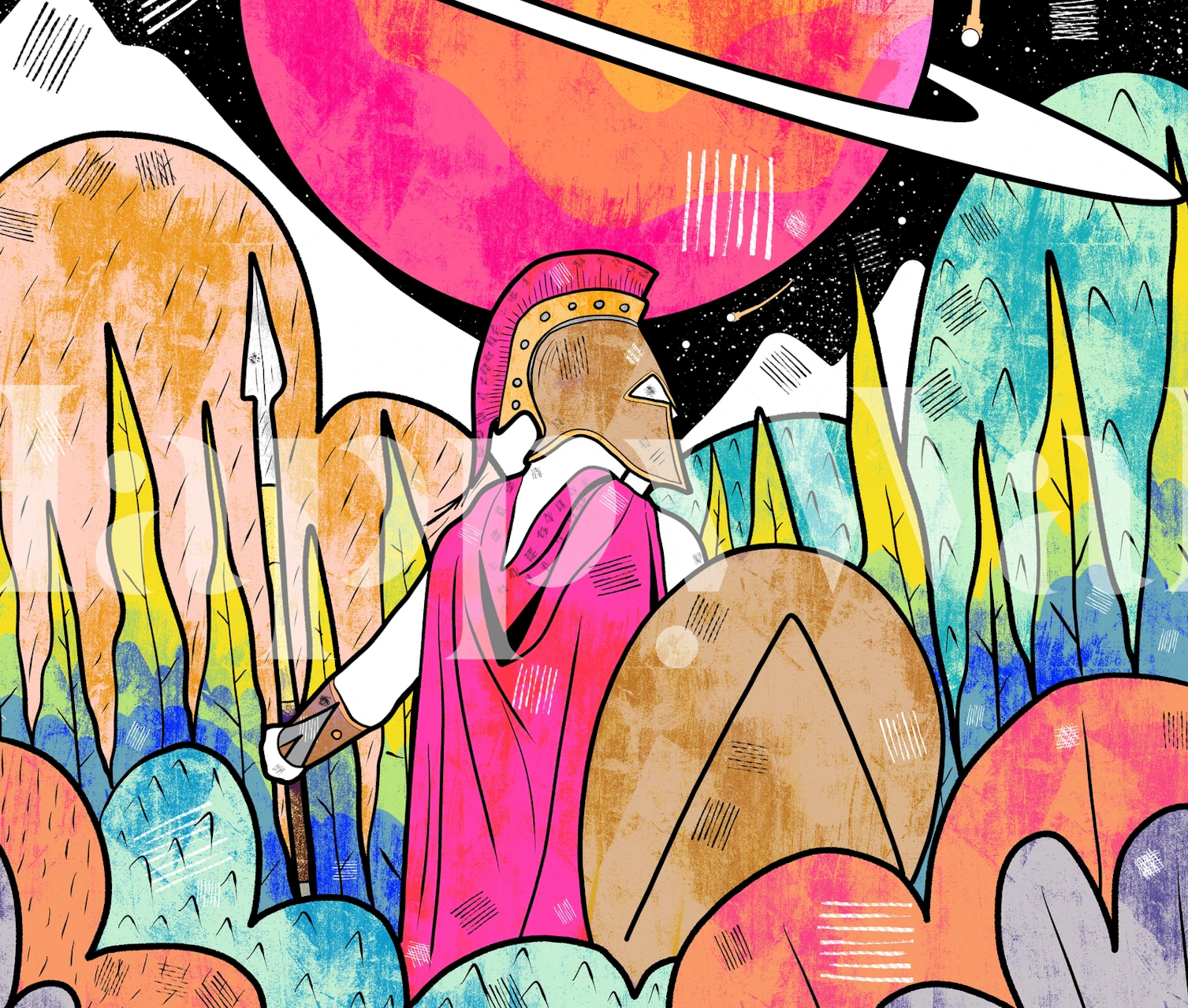 Colorful abstract wall mural featuring a Spartan warrior in vibrant tones and patterns