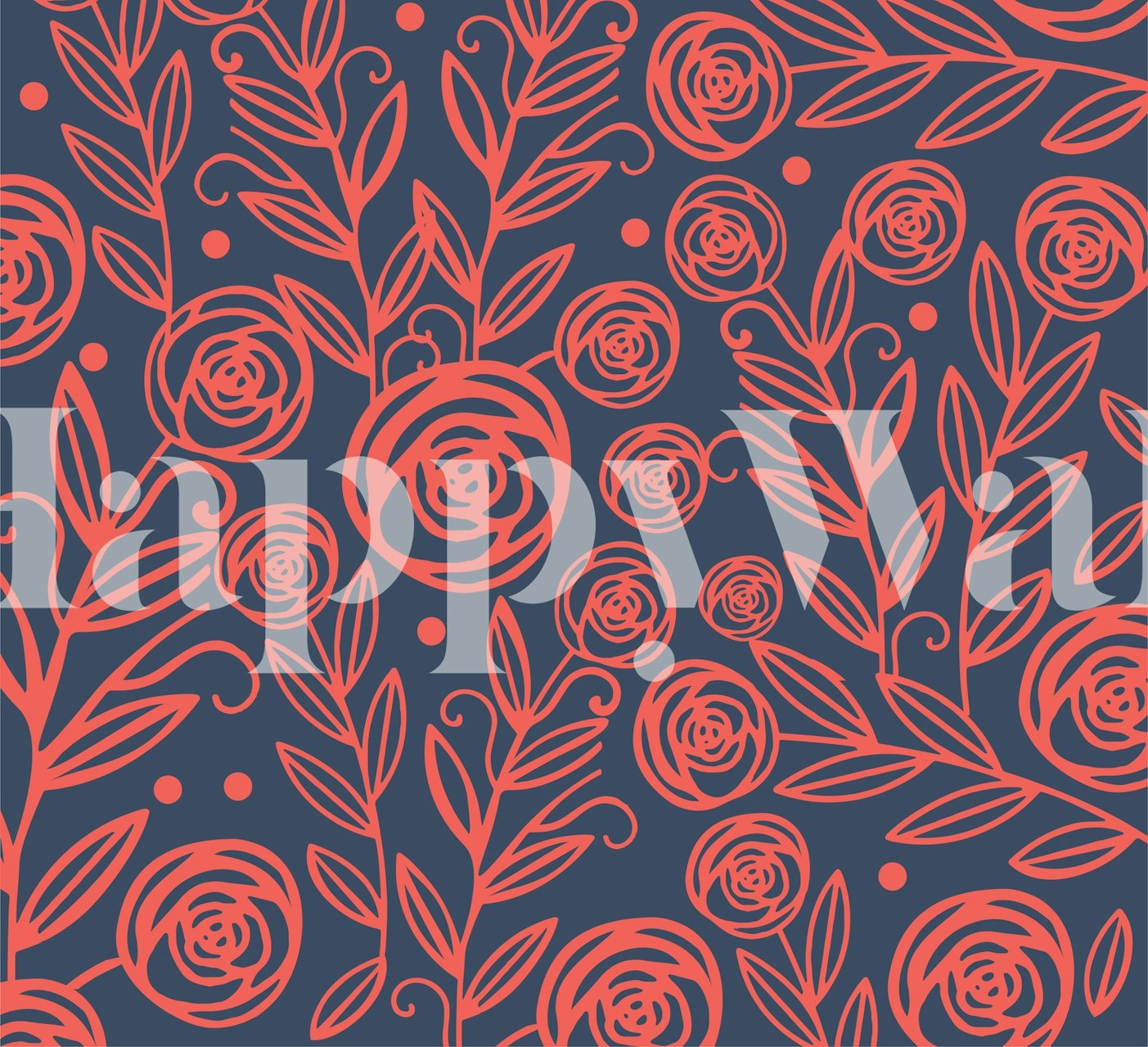 Indigo blue and red roses wallpaper in a room