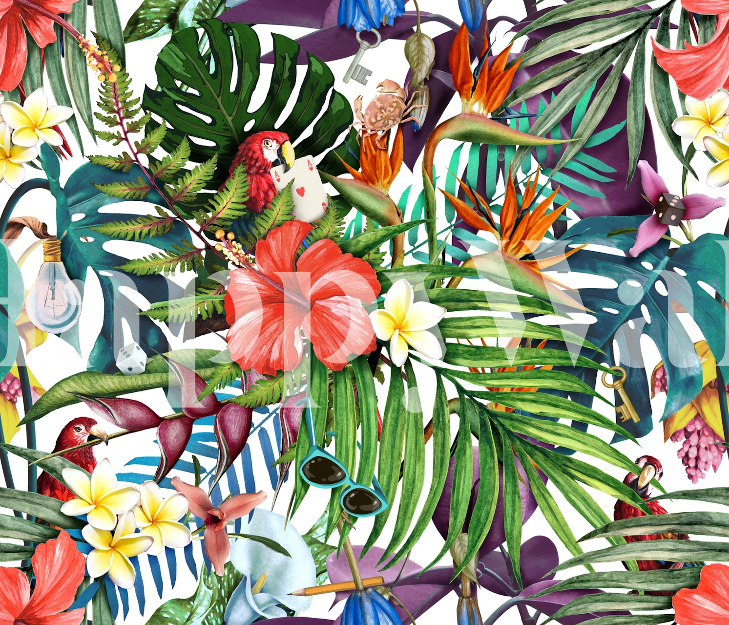 Tropical floral wallpaper featuring vivid flowers, green leaves, and colorful birds