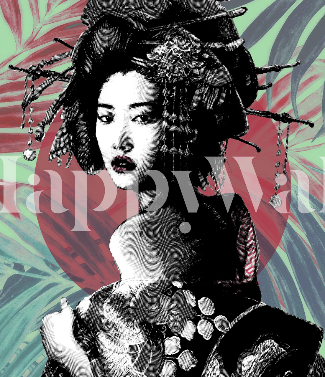 Geisha in a garden wallpaper design