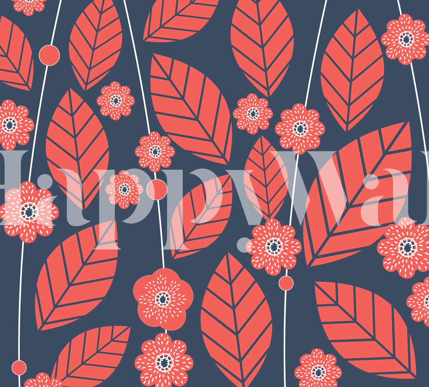 Red floral leaves pattern on navy blue background wallpaper
