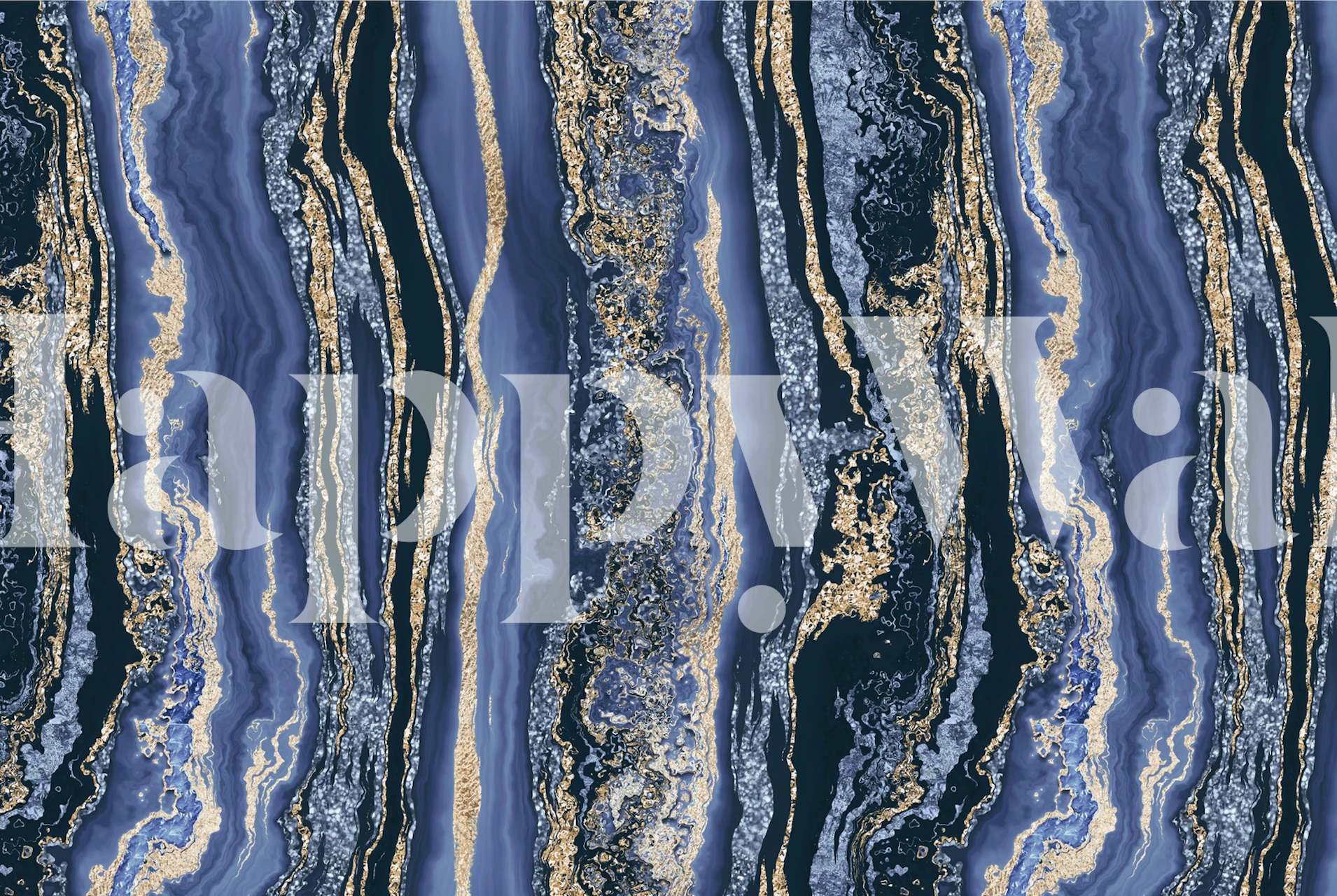 Elegant blue and gold wall mural with sparkling mineral-like patterns
