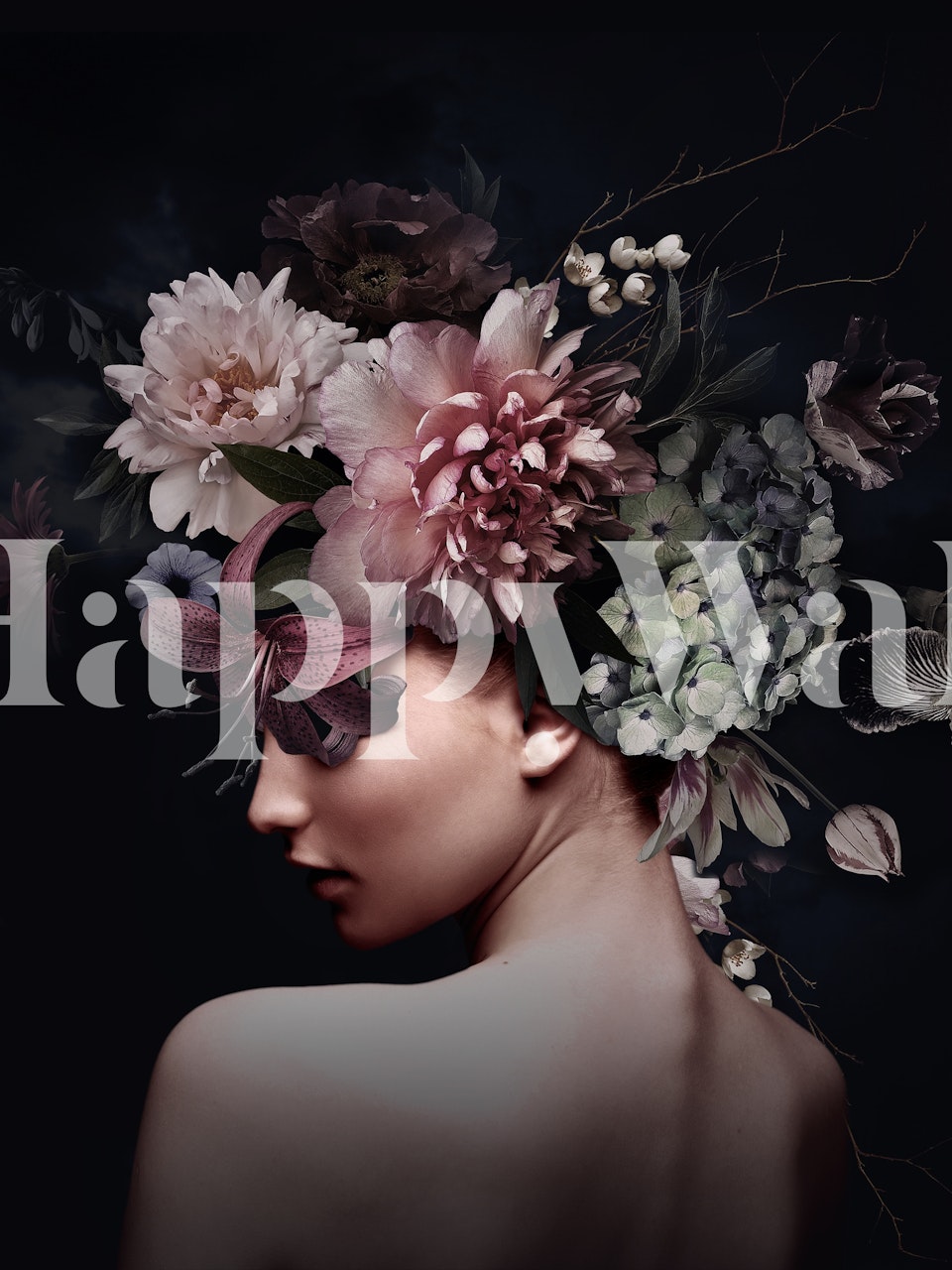 Elegant silhouette of a woman with a floral headpiece against a dark background