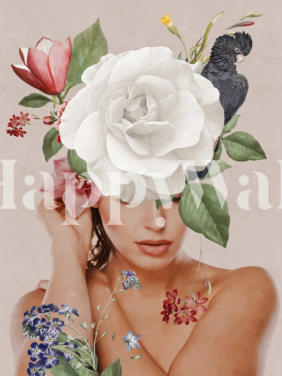 Floral woman design with pink and white flowers and leaves wallpaper
