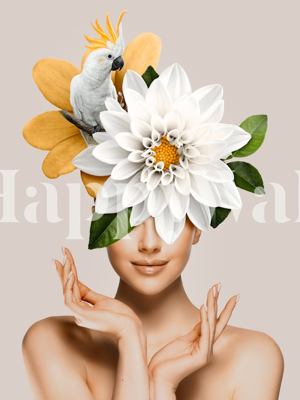 Floral woman with cockatoo and white flowers wallpaper