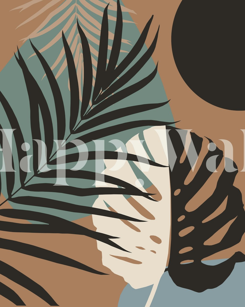 Mural de parede Yin Yang Monstera Fan Palm apresentando folhas botânicas equilibradas em tons terrosos