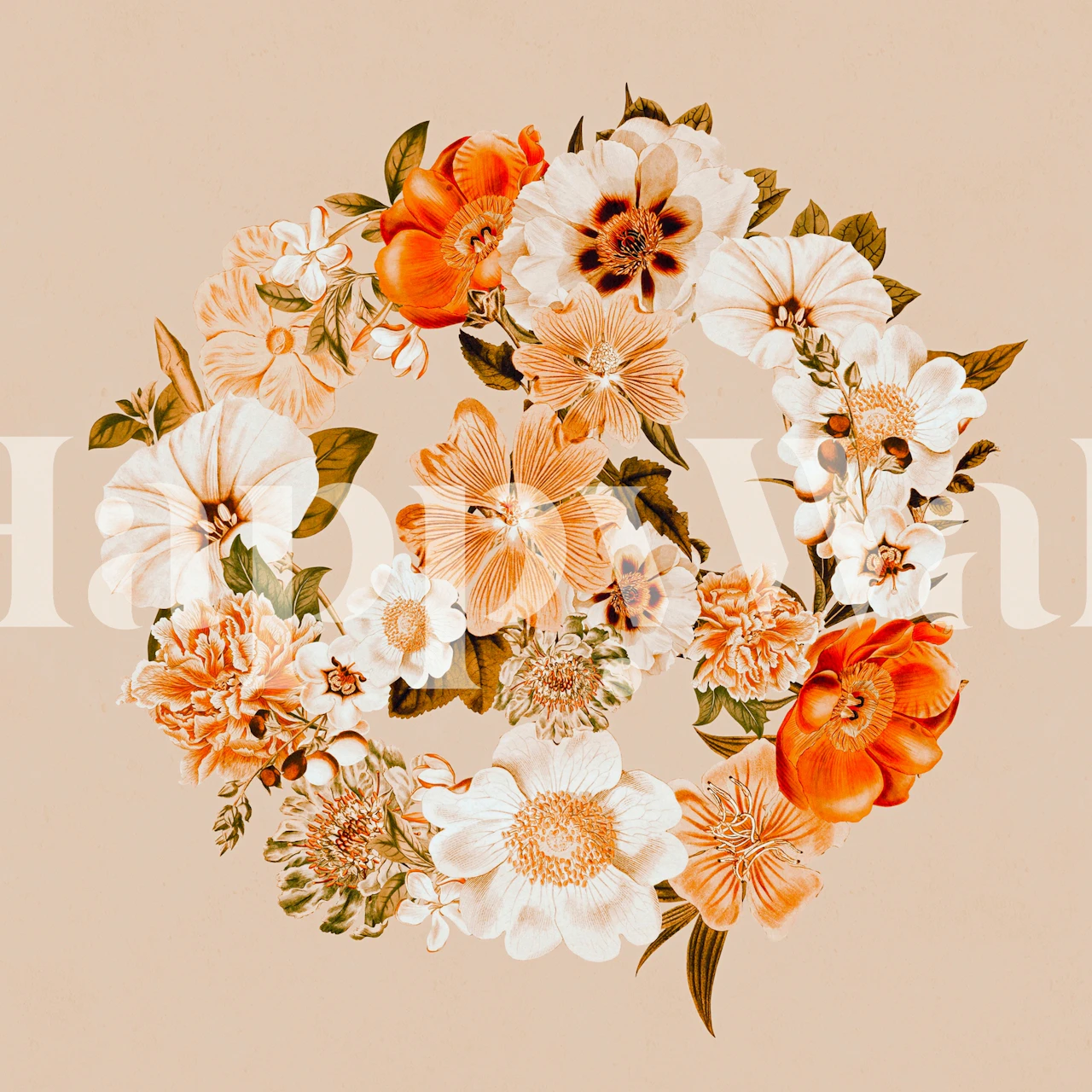 Botanica Peace Sign wall mural with warm toned flowers arranged in a peace symbol on a bohemian background