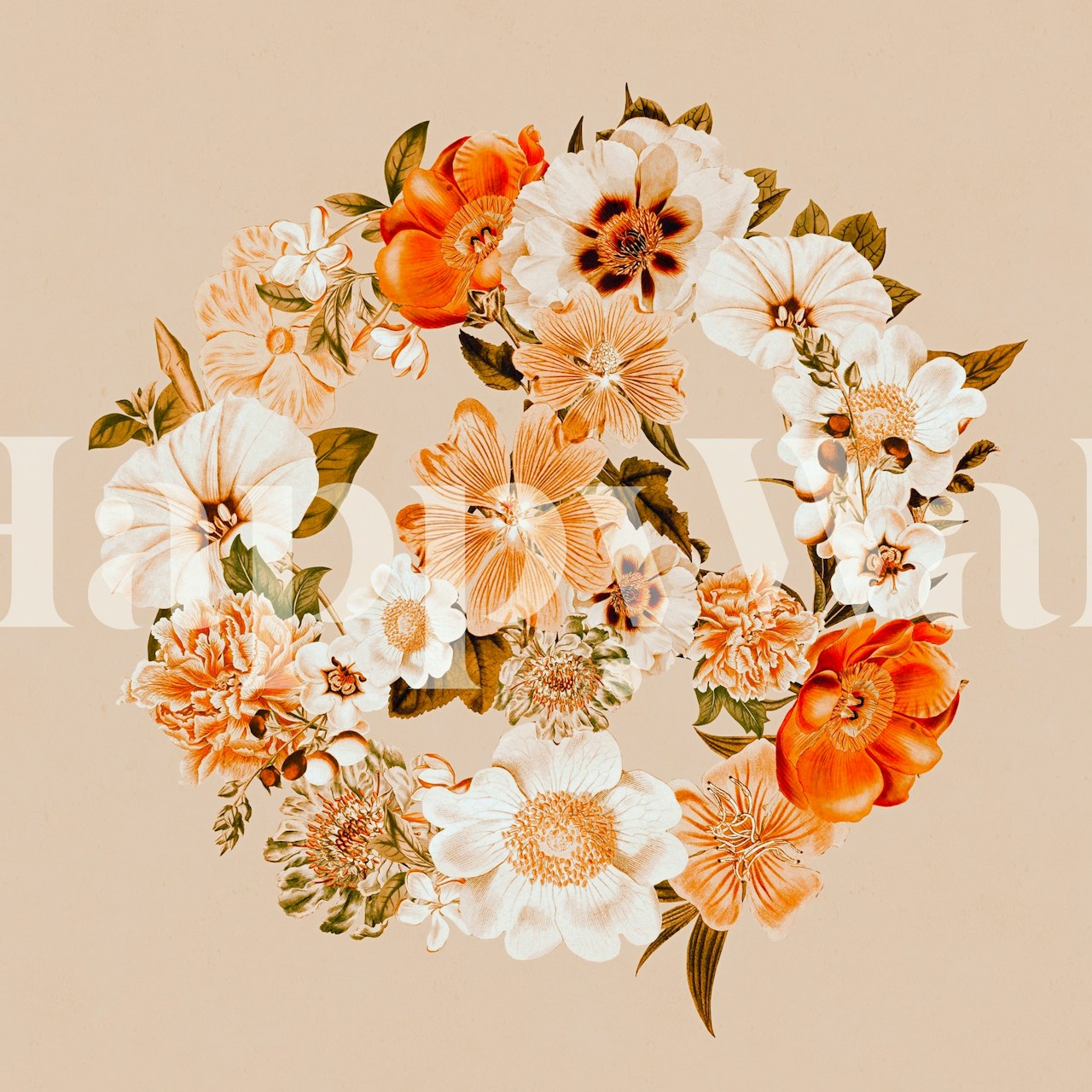 Papier peint mural Botanica Peace Sign avec des fleurs aux tons chauds disposées en symbole de paix sur un fond bohème