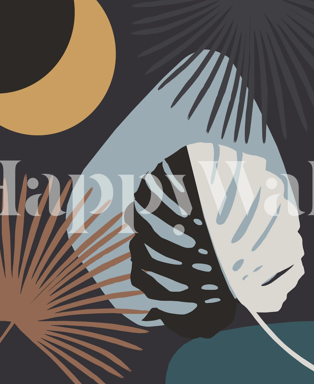 Yin Yang Monstera Palm Night 2 Tapete in einem Raum