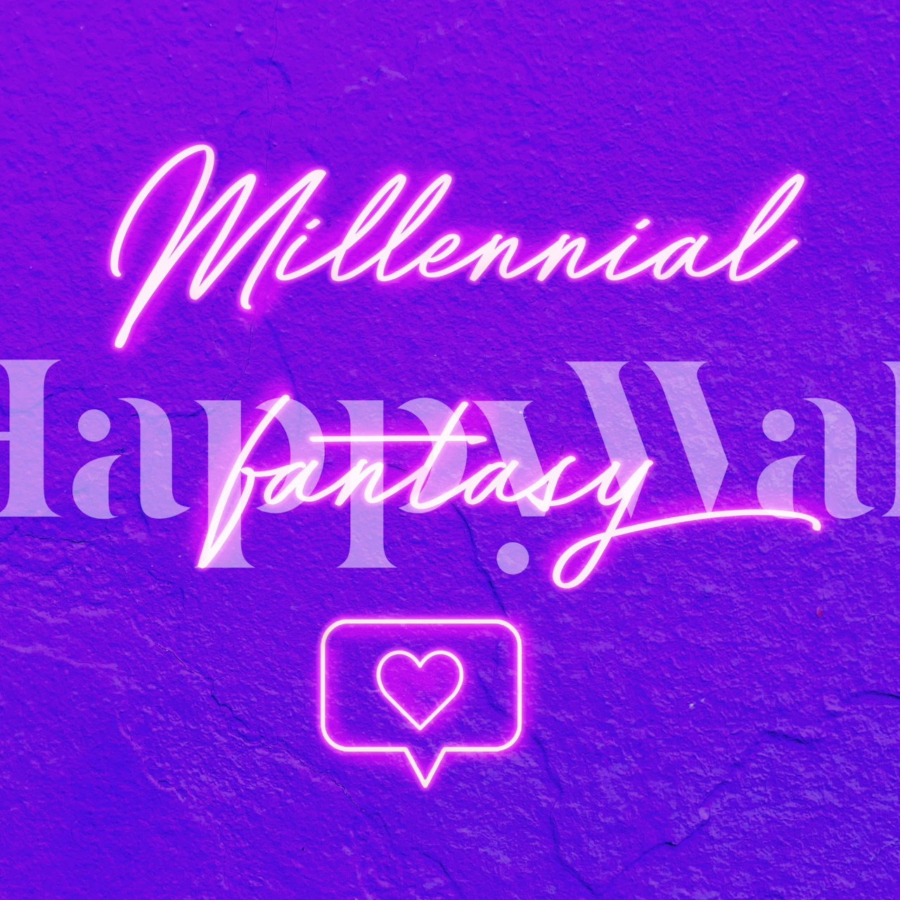 Millennial Fantasy wall mural with a neon-like pink script on a purple background and a heart icon.