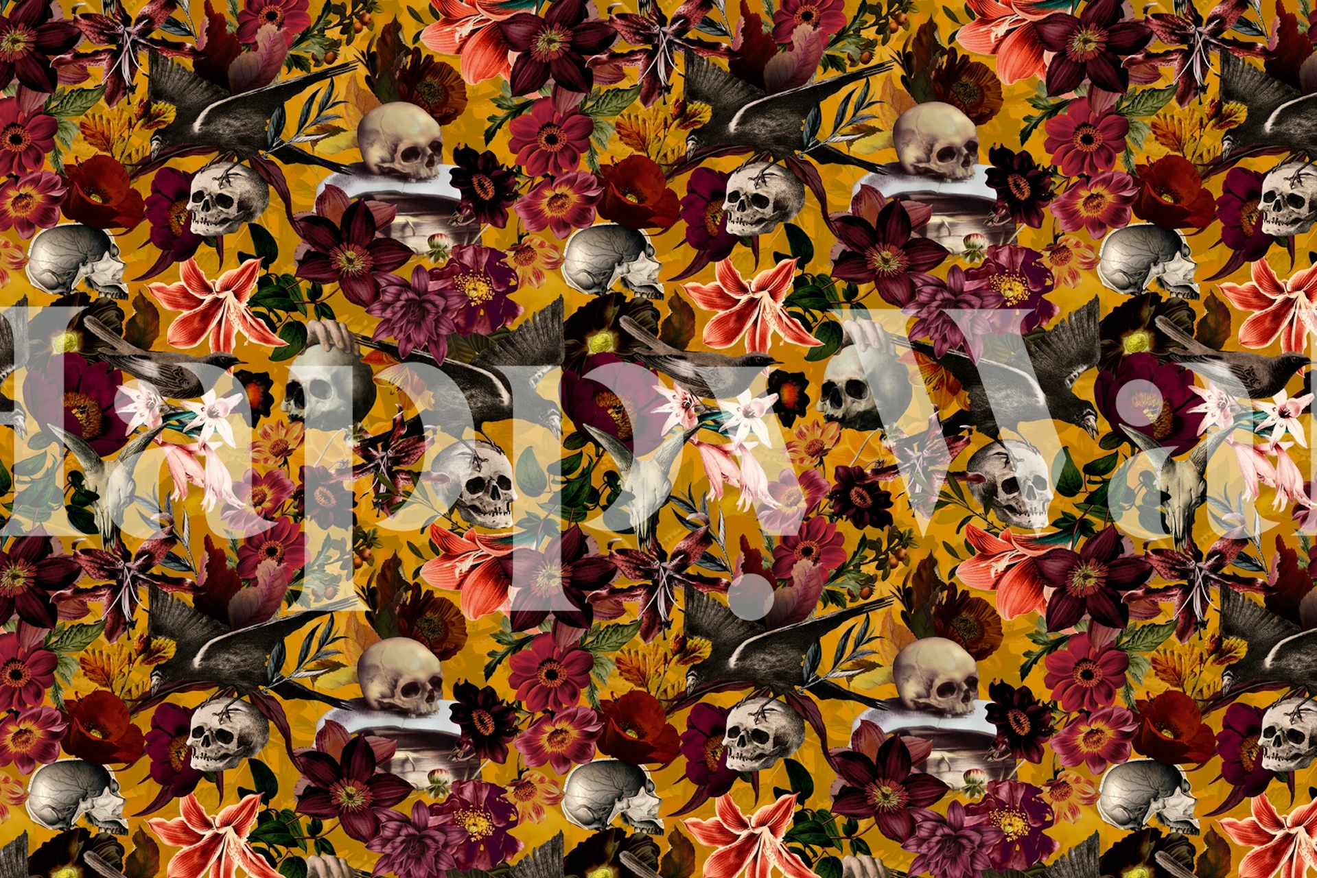 Gothic vintage skull flowers wallpaper in a room