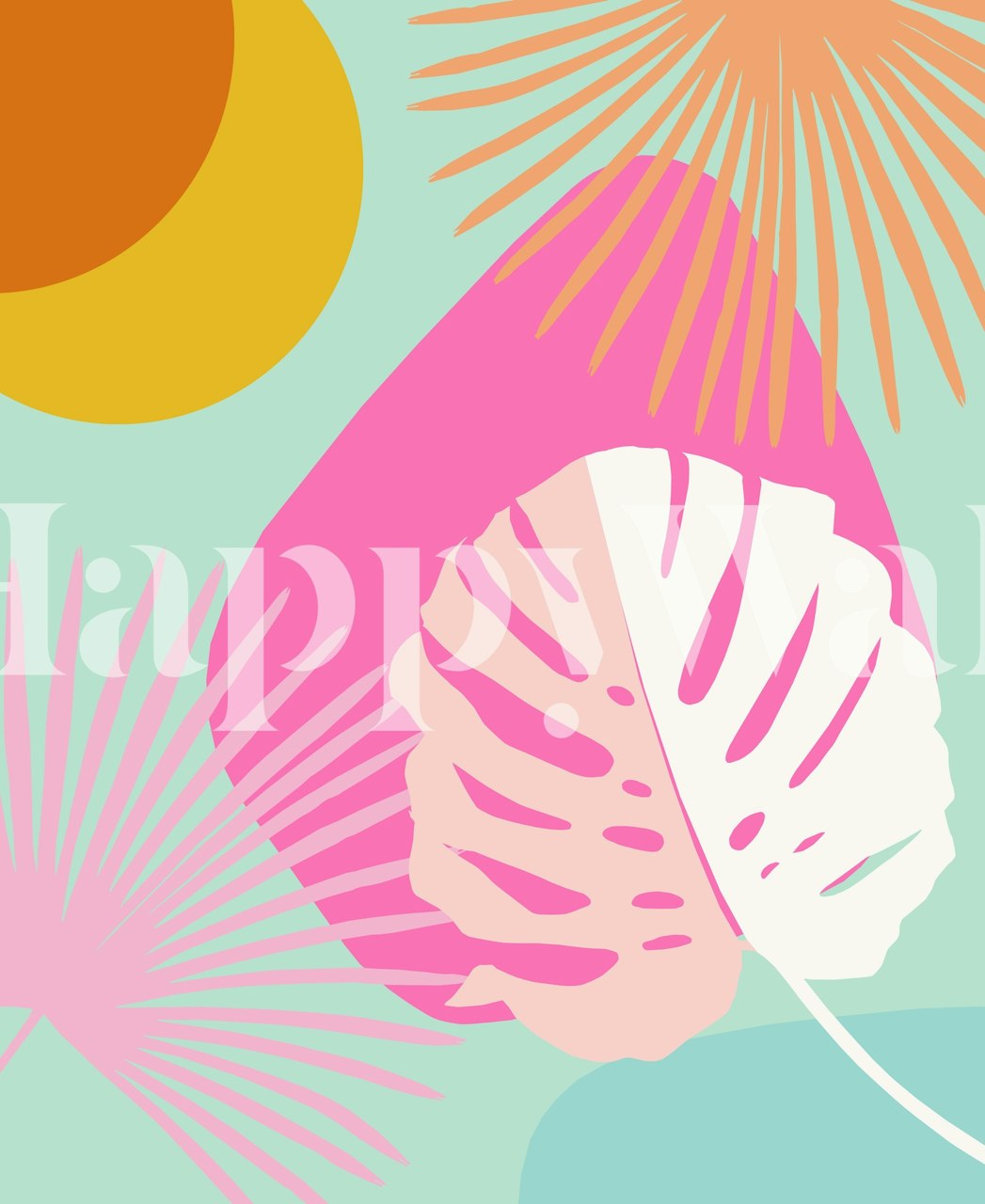 Yin Yang Monstera leaf design with tropical pink, orange, and turquoise colors