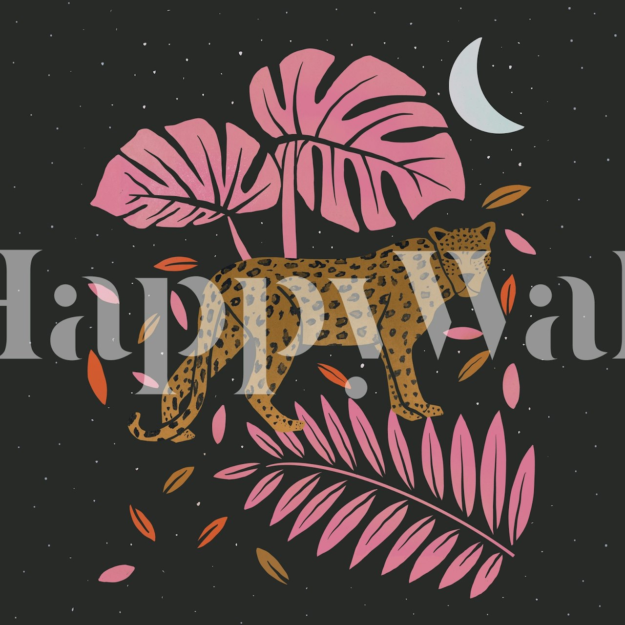 Leopard Black and Pink wall mural with a leopard amidst pink leaves and a moon on a starry night.