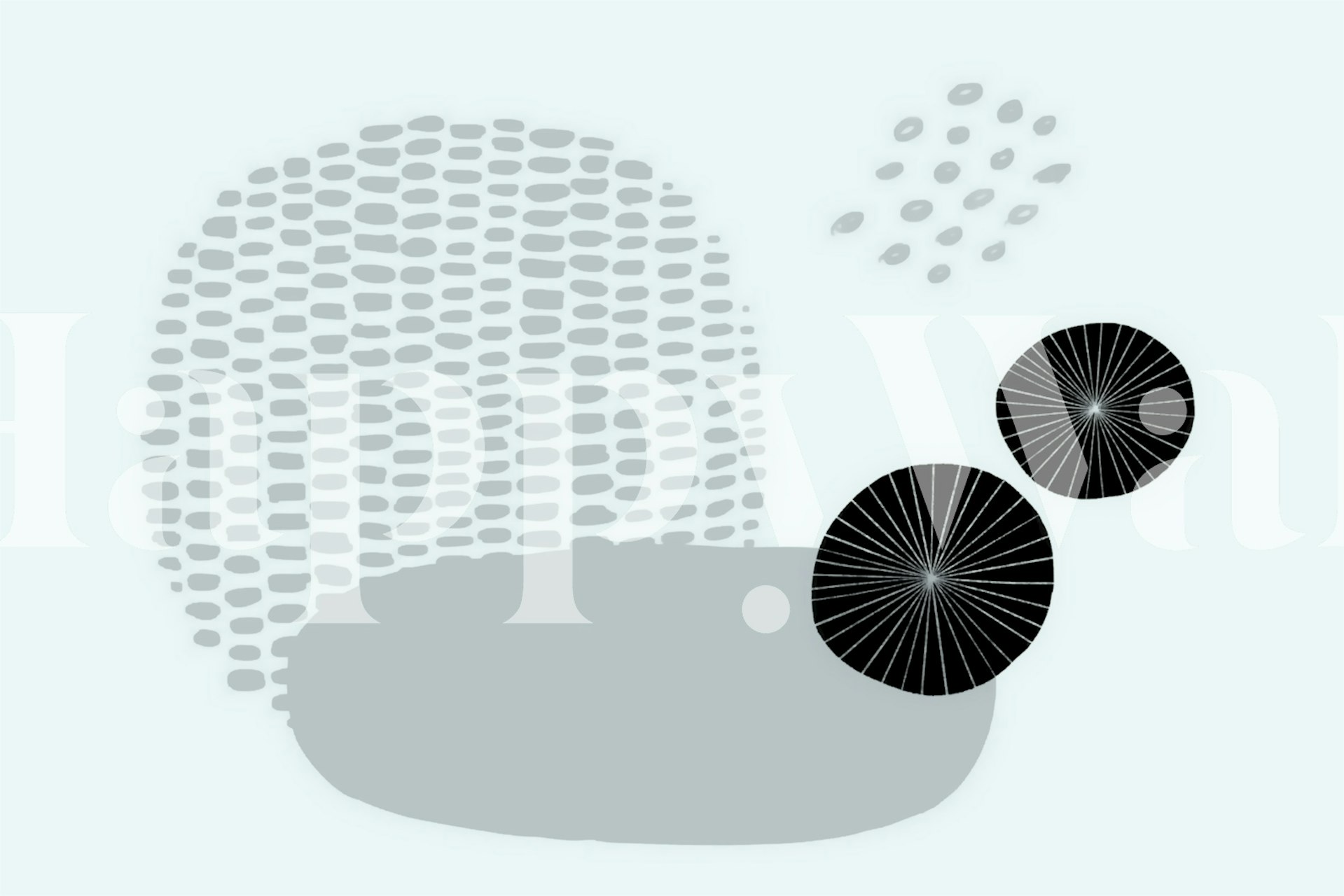 Fotomural abstracto en escala de grises con formas esféricas y patrones de puntos