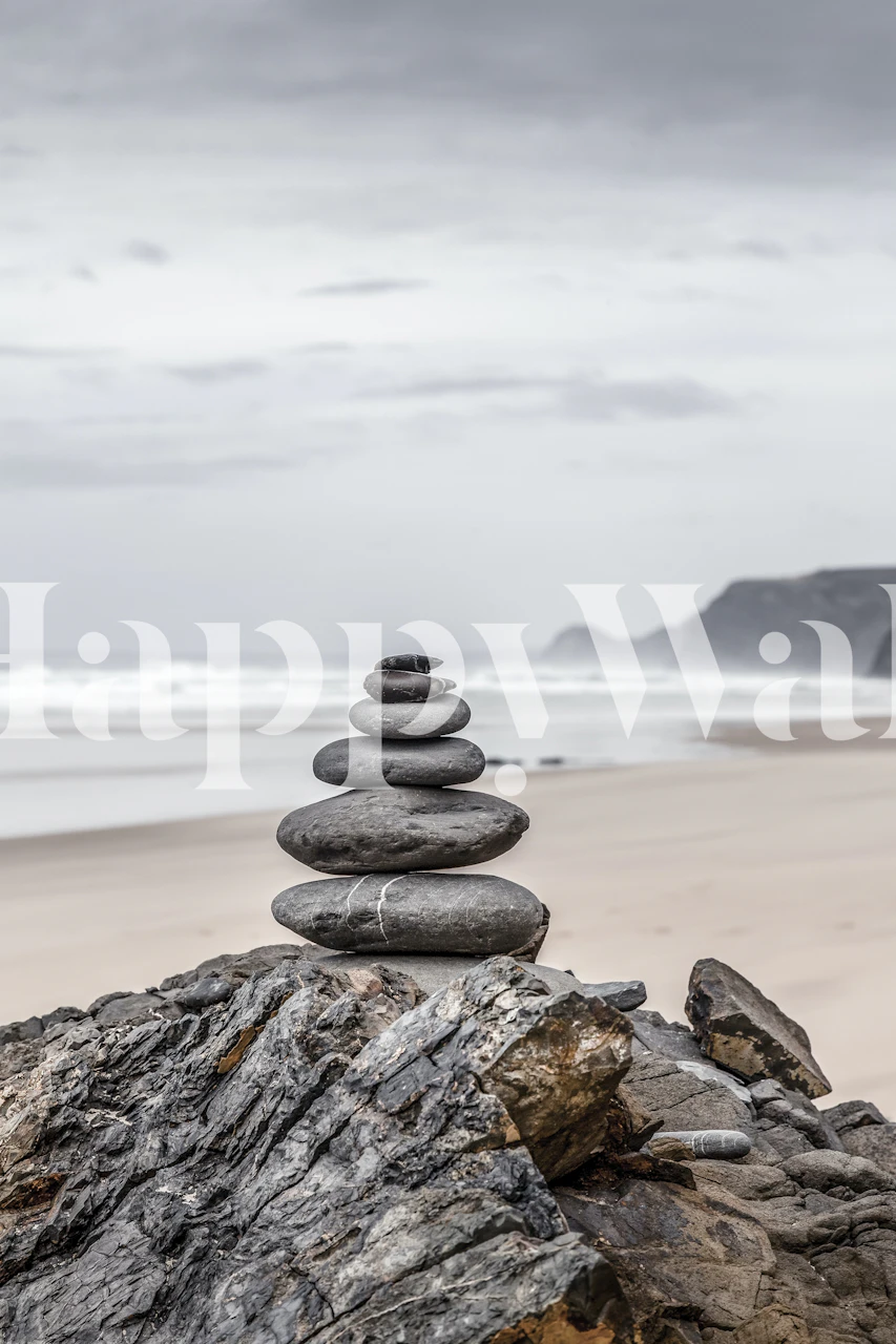 Zen-liknande sten som balanserar på drivved på en dimmig portugisisk strandmålning
