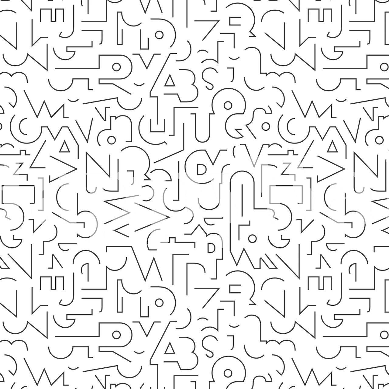 White abstract line art wallpaper pattern with various shapes and letters.