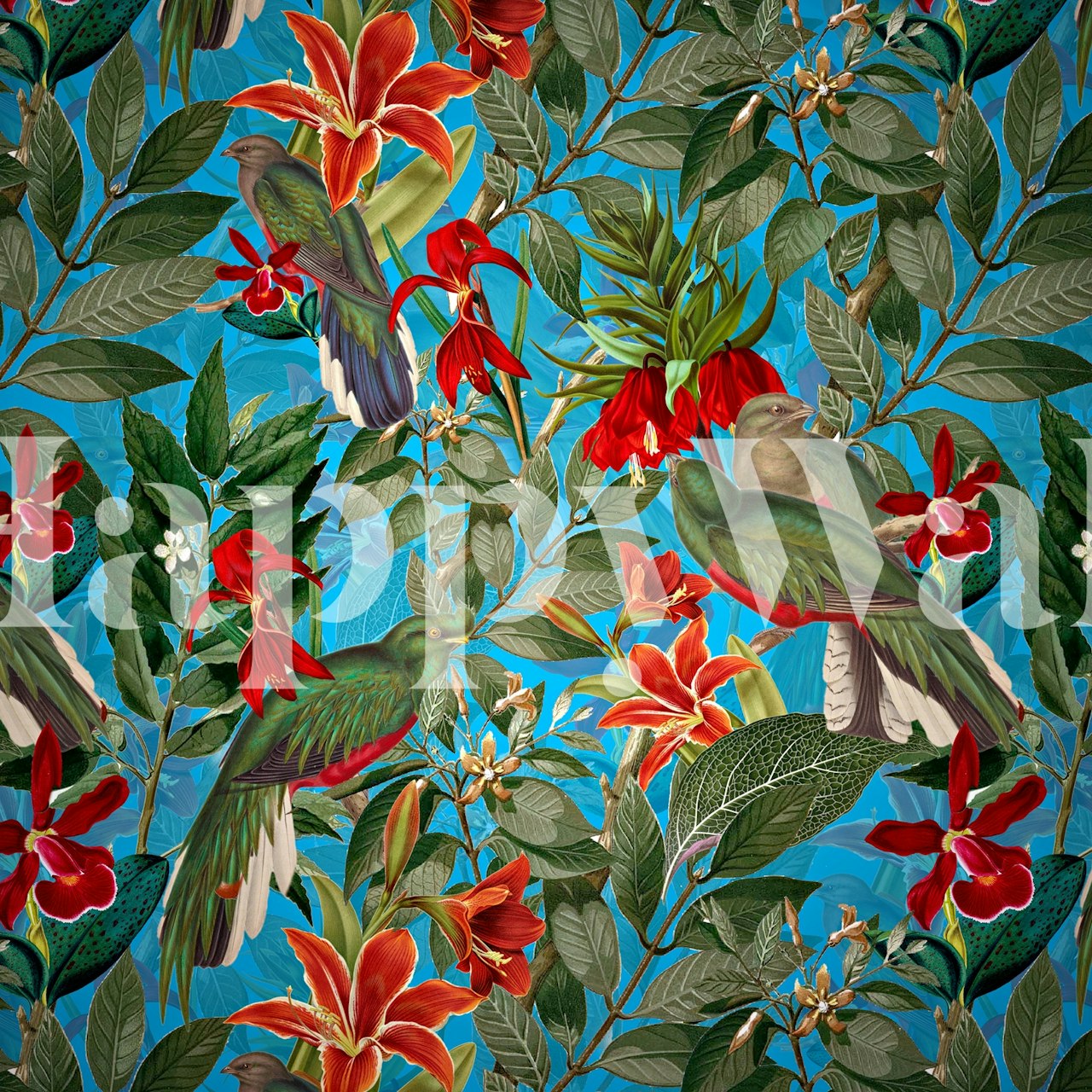 Tropical birds with red flowers and green leaves on blue wallpaper