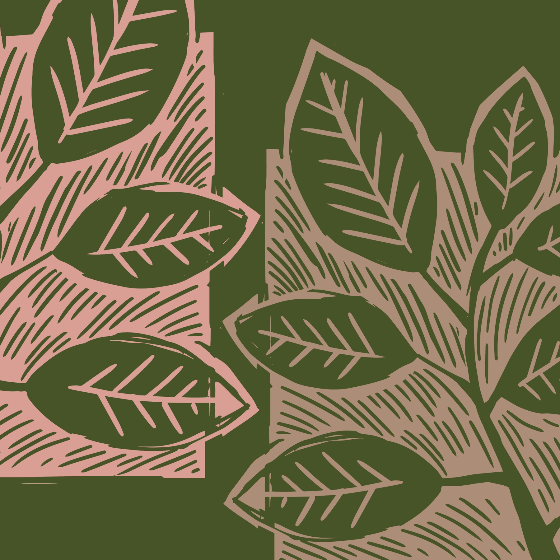 Wood Block Print Leaves Green Wallpaper
