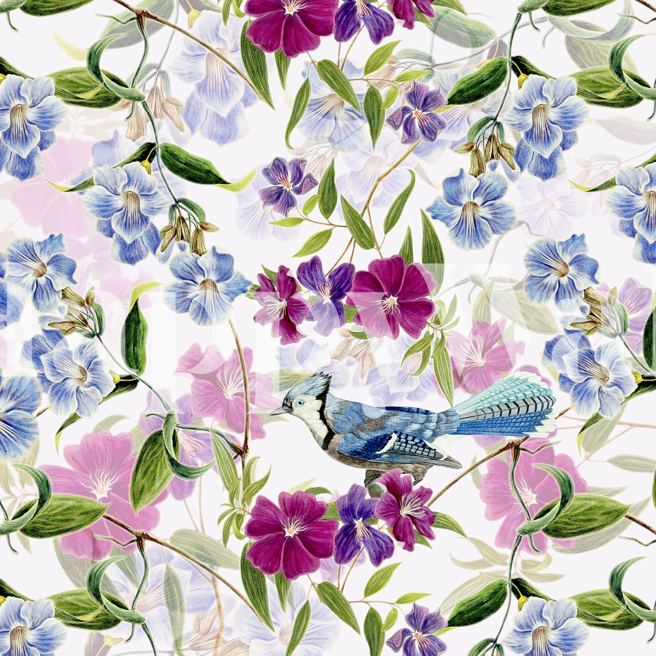 En tapet med en blå nötskrika bland blå och lila blommor med gröna blad på en vit bakgrund