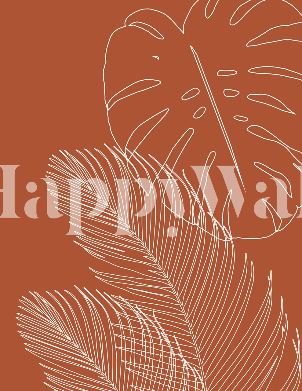 Monstera leaf line art tapet på terrakottabakgrund