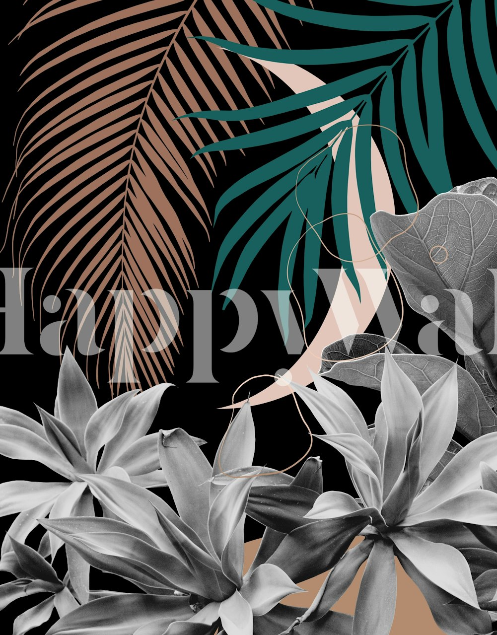 Papier peint Moon Agave Night Finesse avec des plantes tropicales argentées sur fond sombre