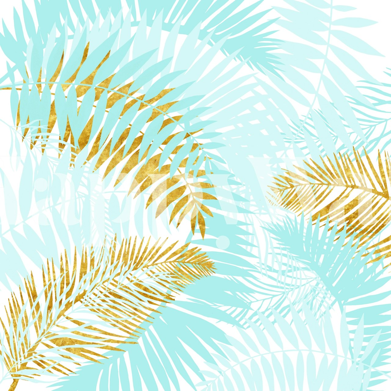 Carta da parati verde acqua e foglie di palma dorate con fronde di palma dorate su sfondo verde acqua