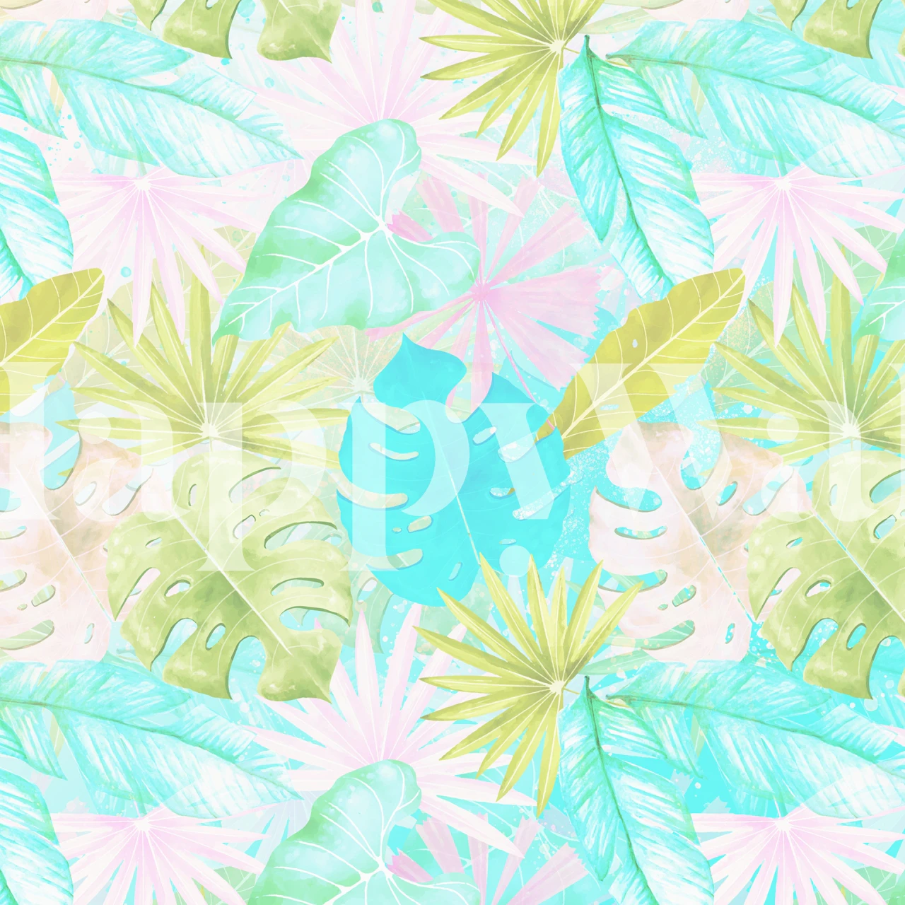 Tropical Pastel Leaves vægmaleri med en række botaniske mønstre i pastelfarver.