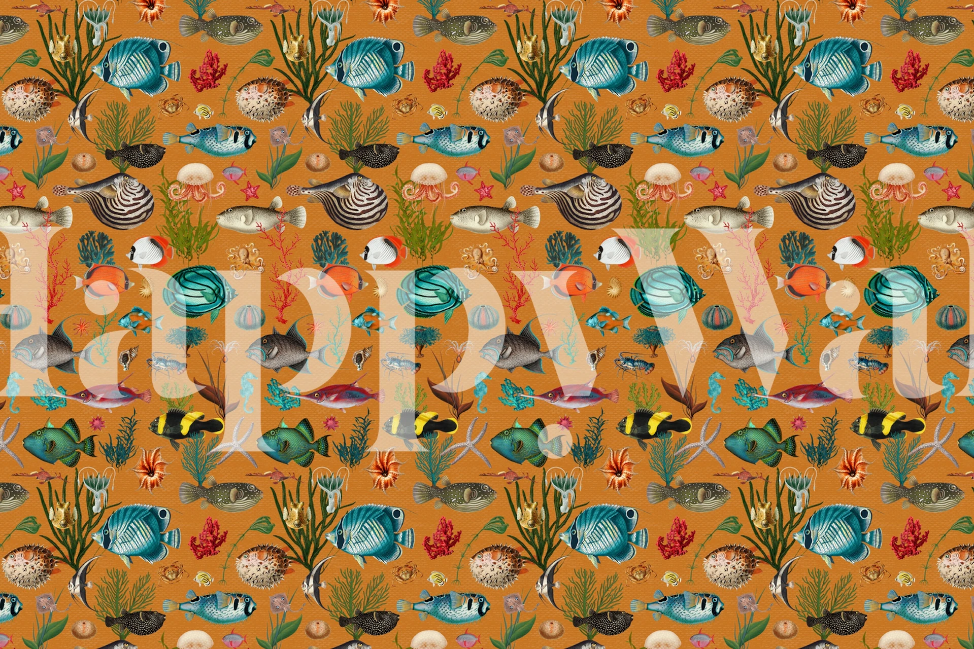 Oceania em fotomural vinílico laranja com peixes tropicais e vida marinha