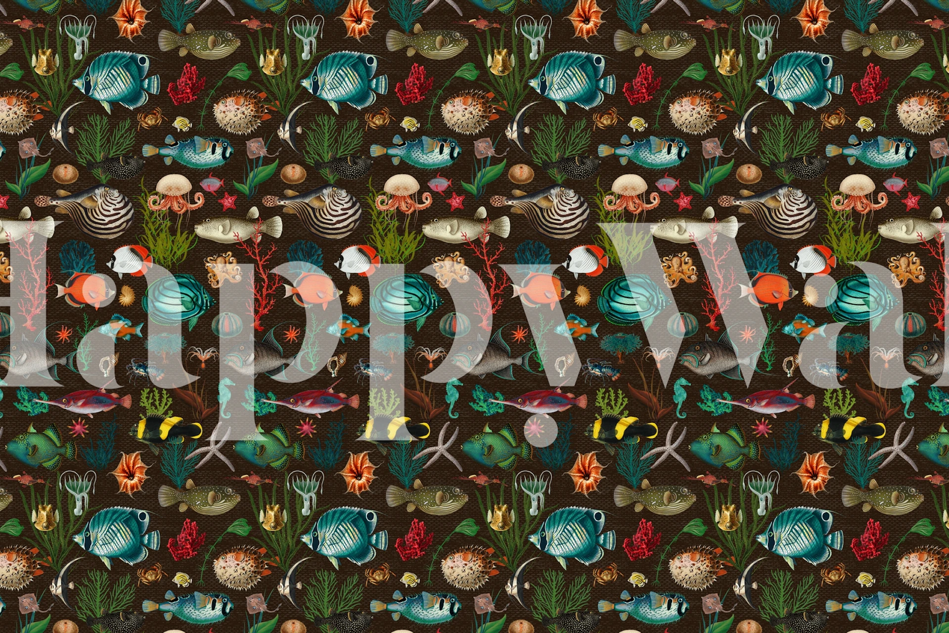 Colorful ocean-themed wallpaper with fish and coral patterns