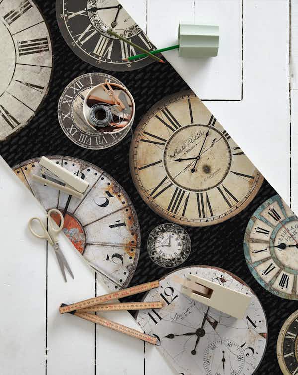 Vintage Clocks black ivory wallpaper roll