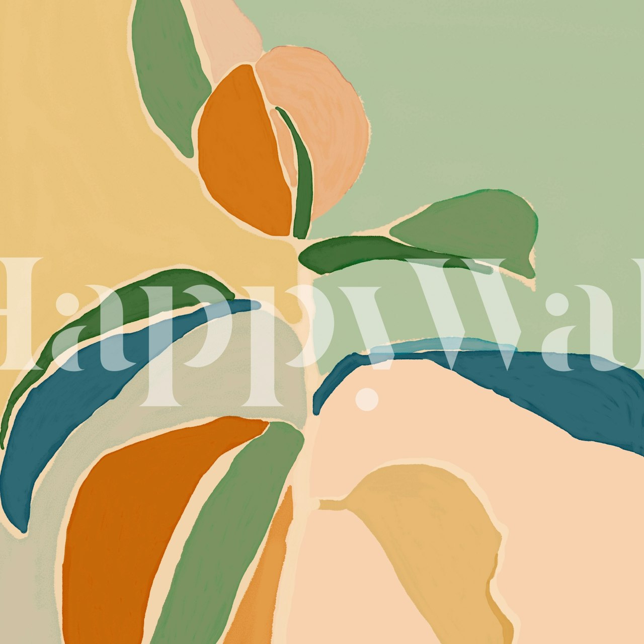 Abstract floral design in soft pastels: green, orange, beige wallpaper