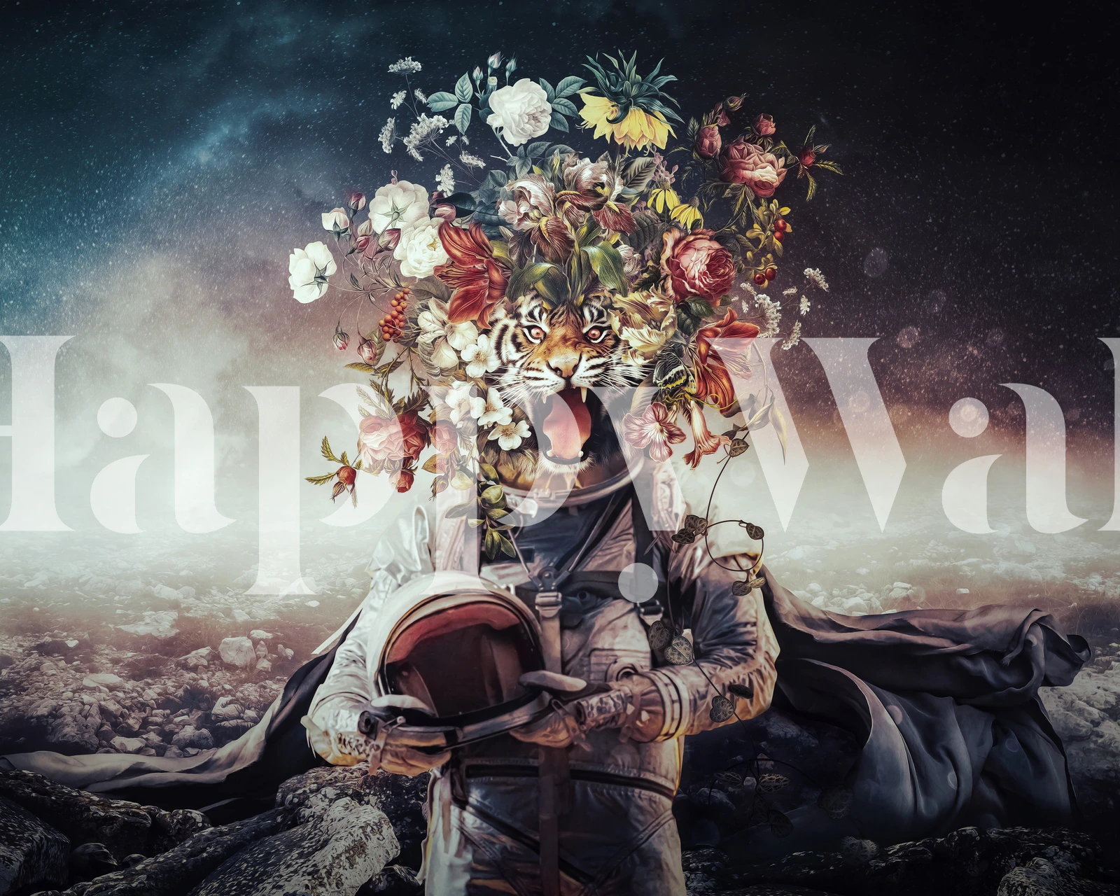 Astronaut holding flowers and tiger head in space wallpaper