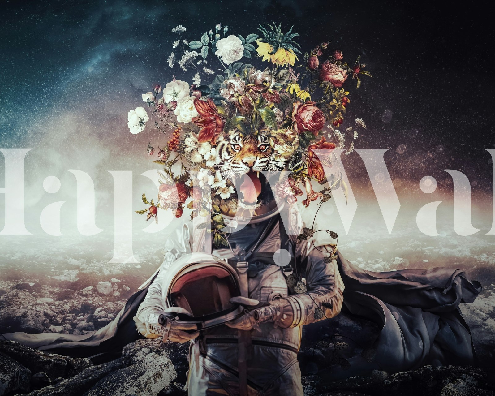 Kot w kostiumie astronauty z kwiatami