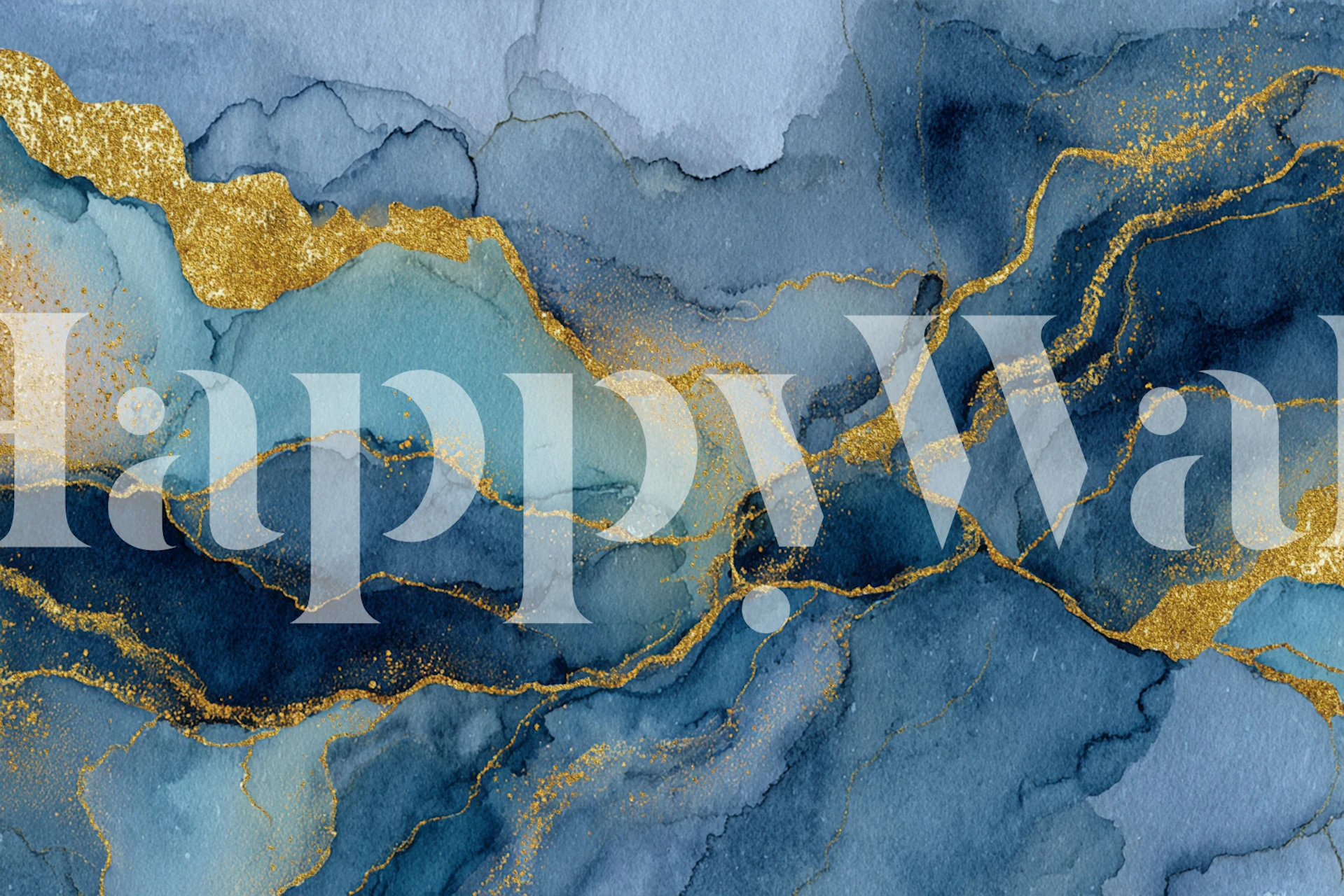 Indigo Blue Marble mit Gold Glitter Tapete in einem Raum