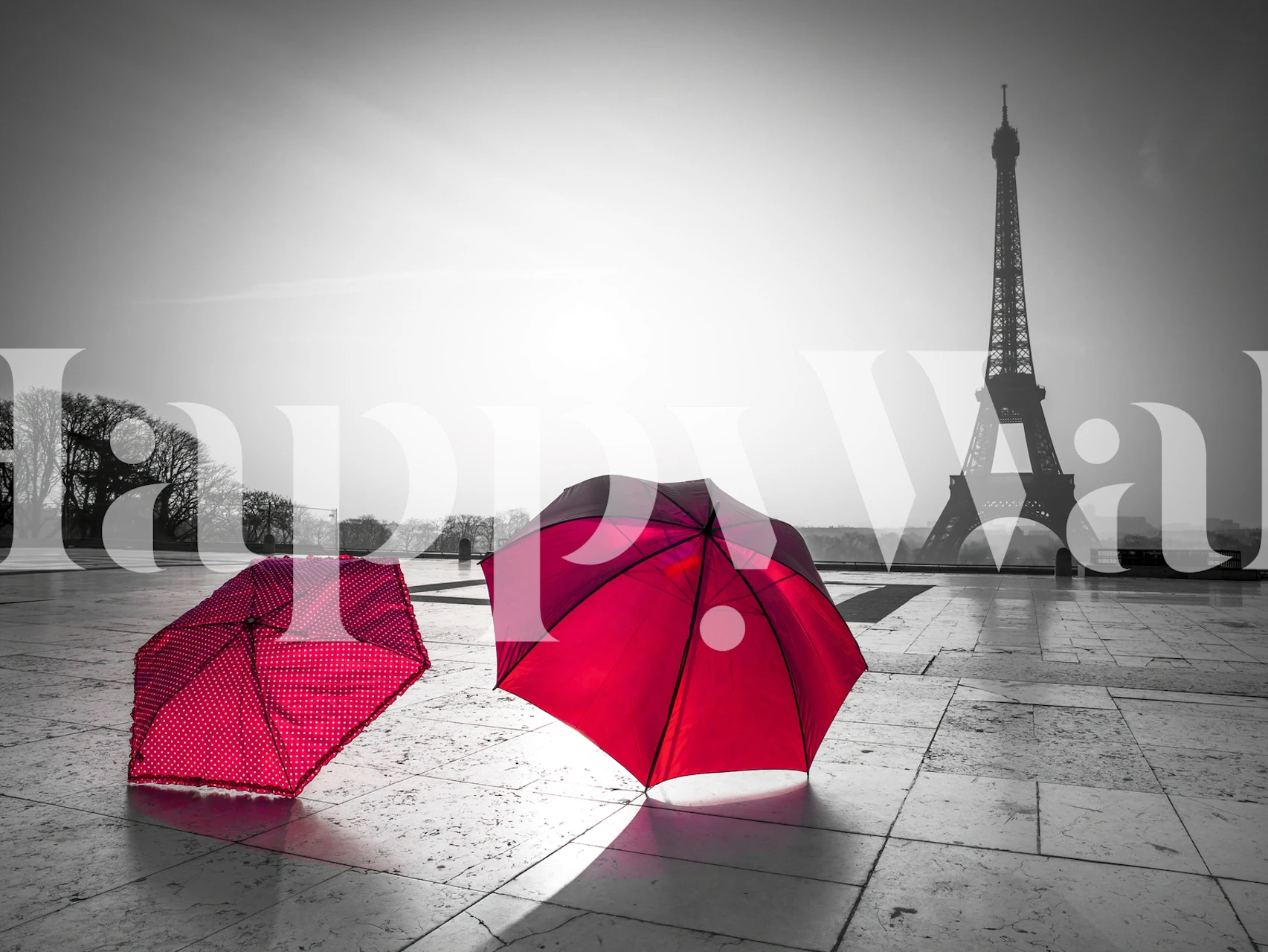 Red umbrellas and Eiffel Tower silhouette in black and white wallpaper