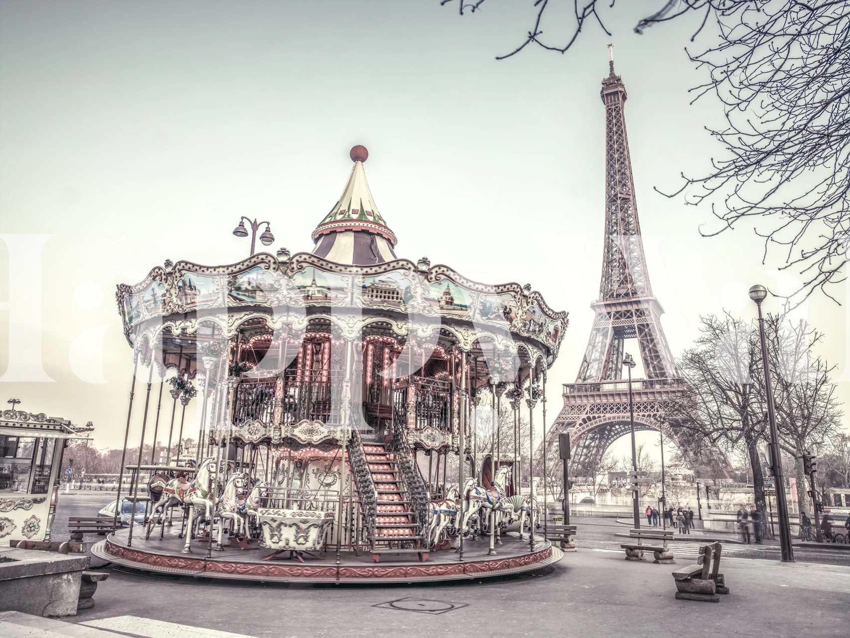 Vintage carousel with Eiffel Tower backdrop in soft pastel colors wallpaper