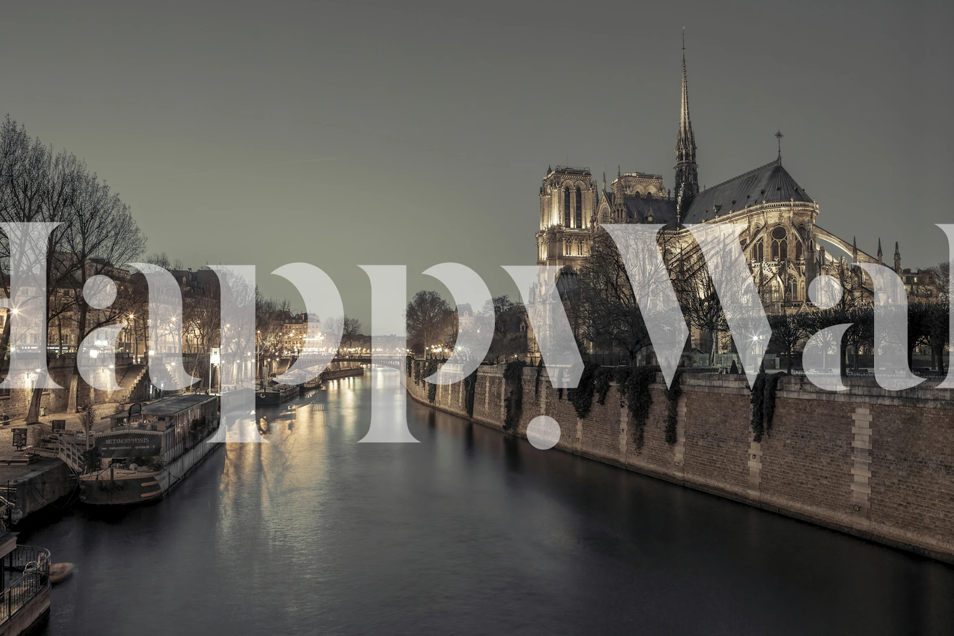 Notre-Dame de Paris building by the river at dusk wallpaper