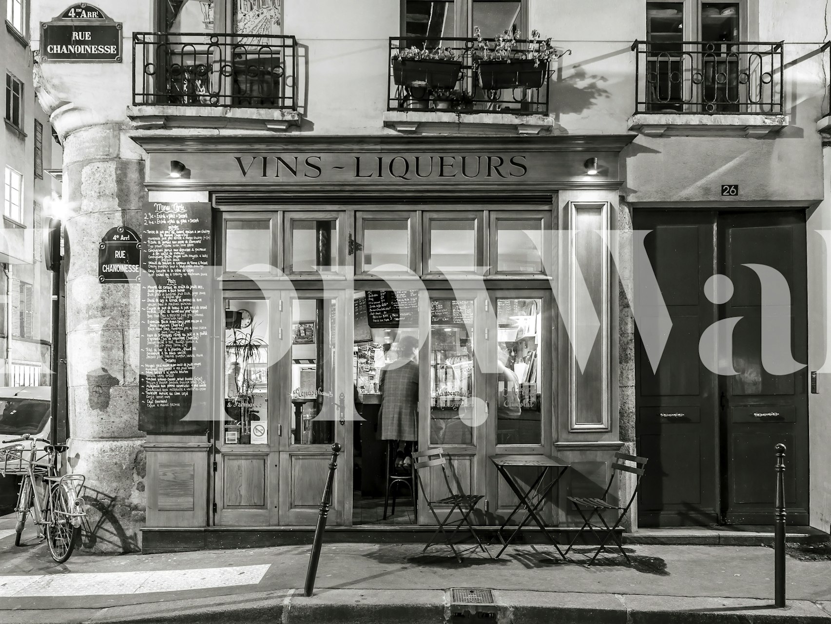 Parisian cafe exterior in black and white wallpaper