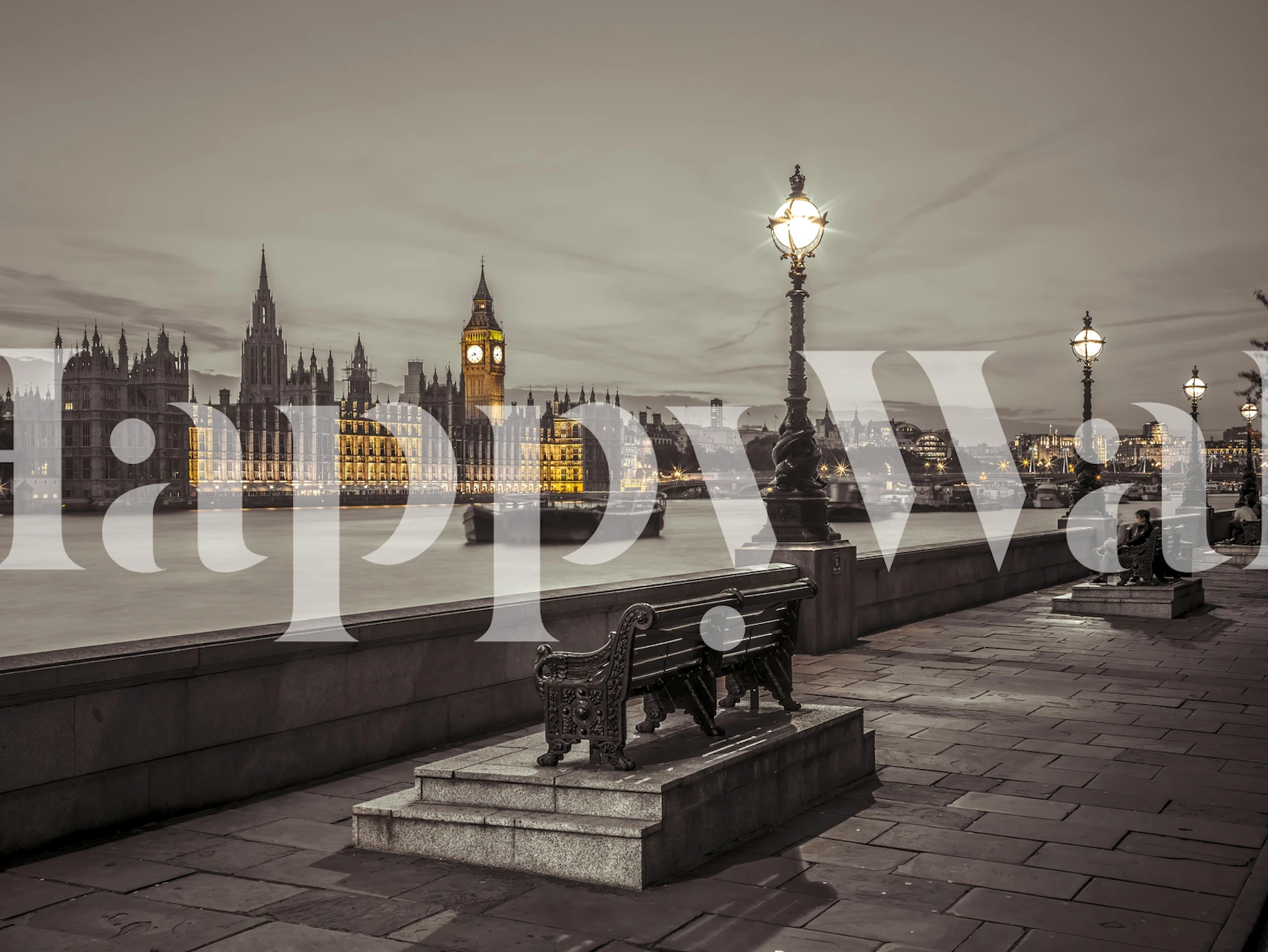 Sepia-toned Thames riverside wall mural with iconic London cityscape