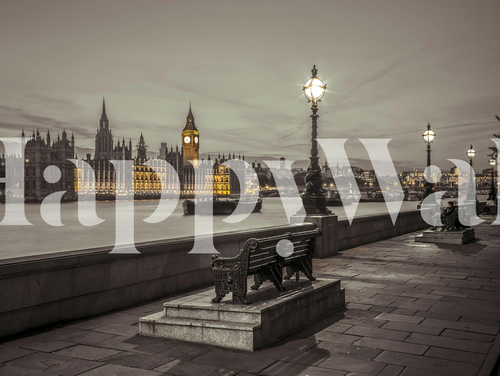 Sepia-toned Thames riverside wall mural with iconic London cityscape