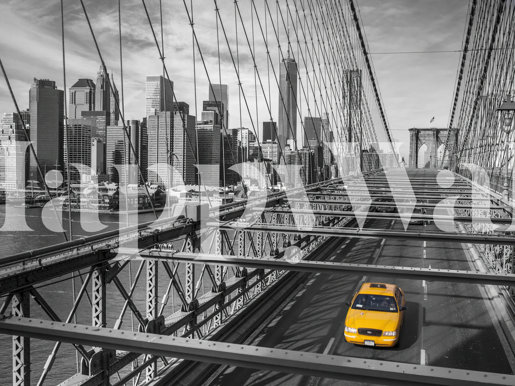 Black and white city skyline with yellow taxi on Brooklyn Bridge wallpaper
