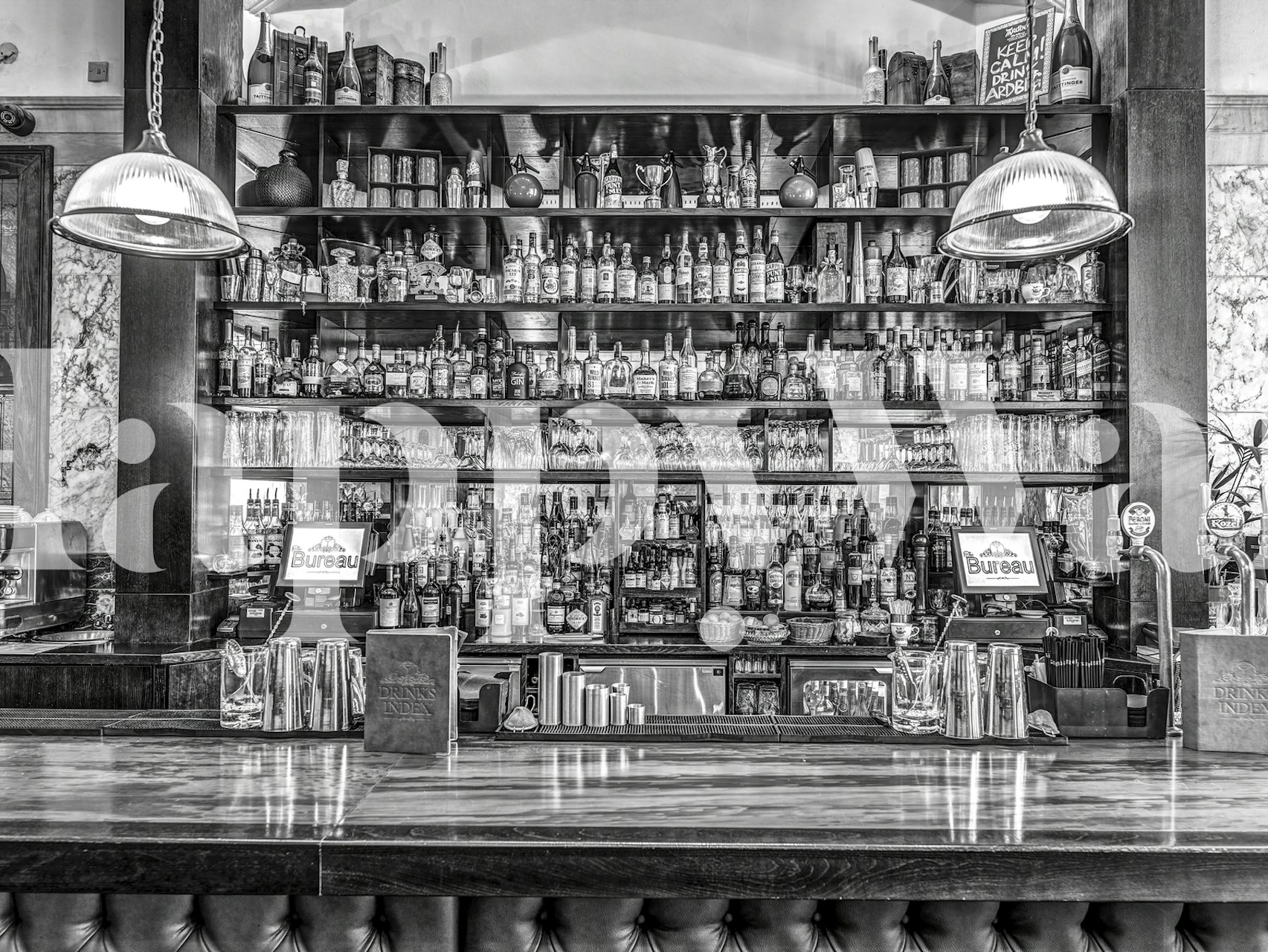 Black and white bar scene wallpaper with bottles and shelves